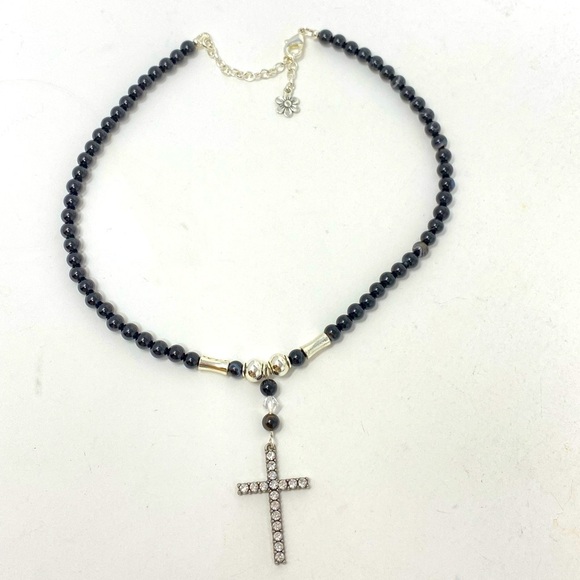 Sparkling cross crucifix necklace with black jasper 18.75” adjustable to 16.25” - Picture 4 of 5